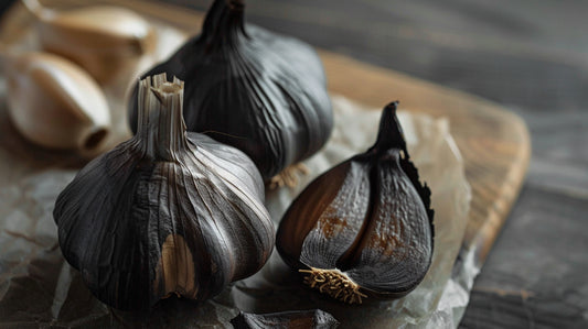 3 bulbs of black garlic on a wooden plate