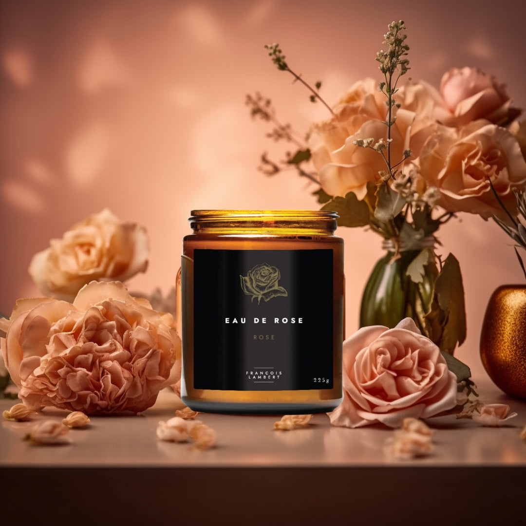 rose water candle surrounded by flowers
