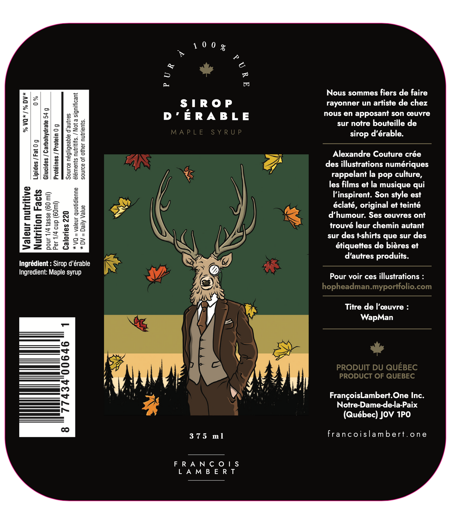 Maple syrup 375 ml | Quebec work of art | Wapman | Alexandre Couture