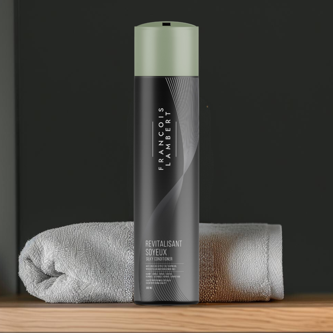 conditionner bottle, black and green white a white towel