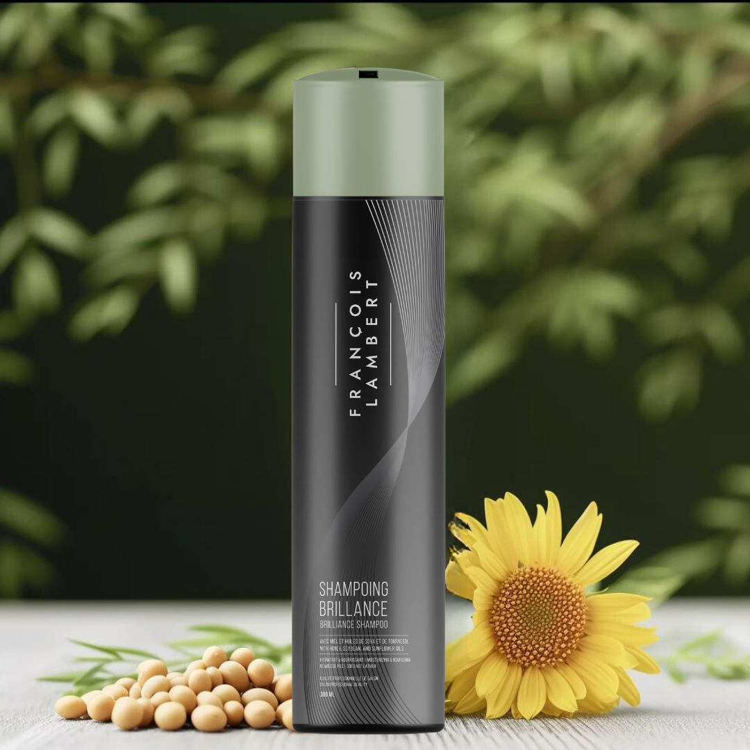 shampoo bottle, black and green with a sunflower and soy beans