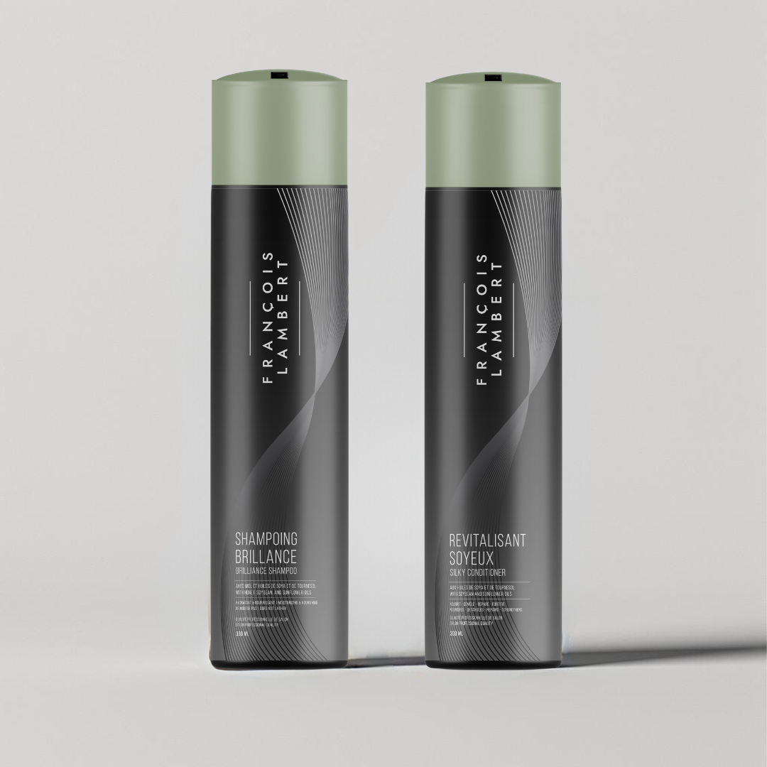 shampoo and conditionner bottles, black and green with a white background