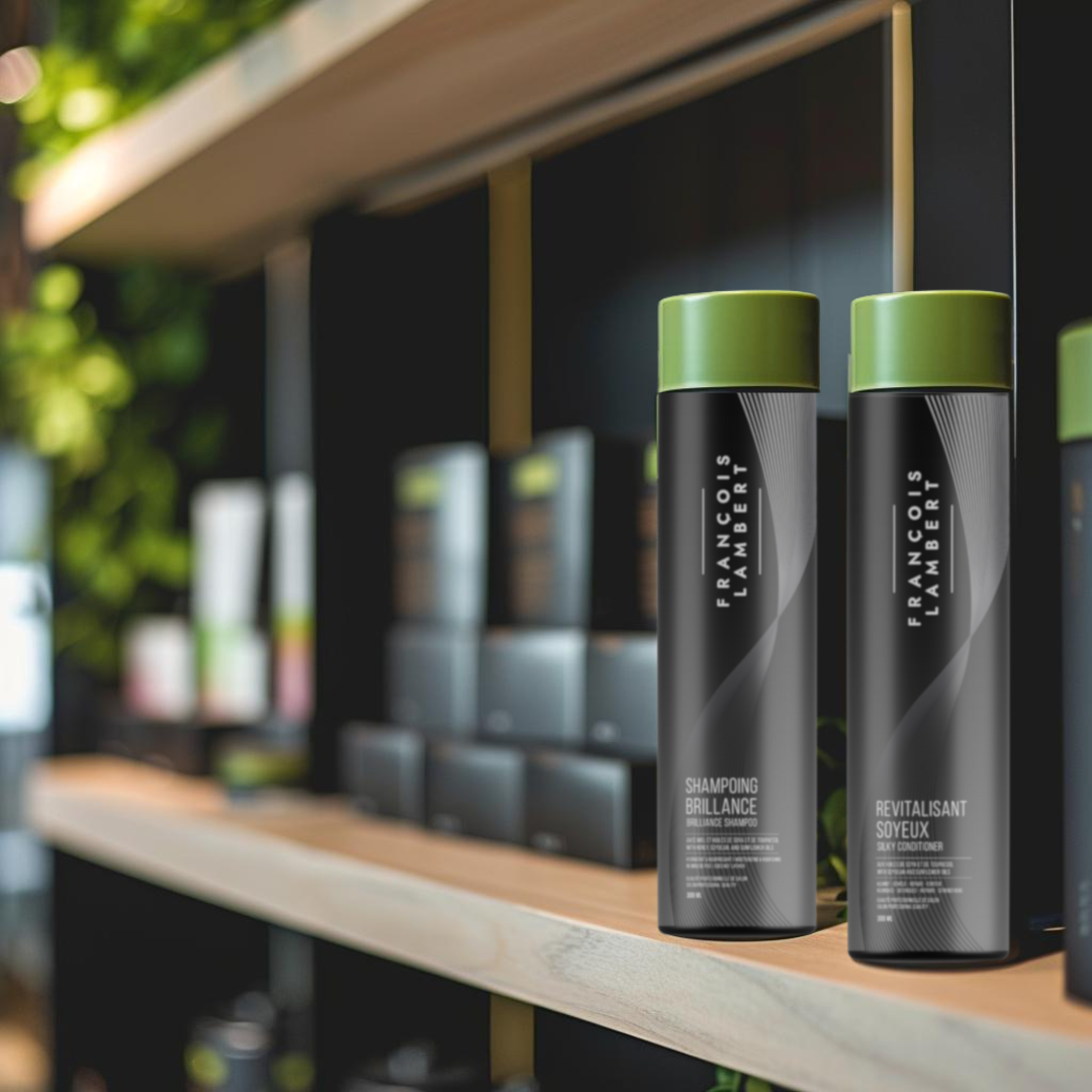 shampoo and conditionner bottles, black and green on a shelf