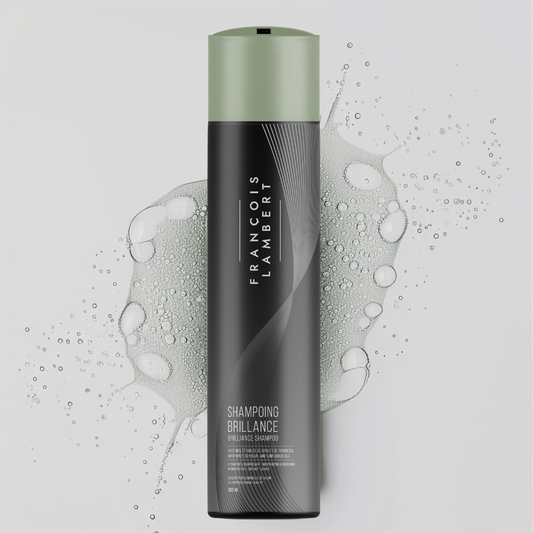 shampoo bottle, black and green with a white background with bubbles