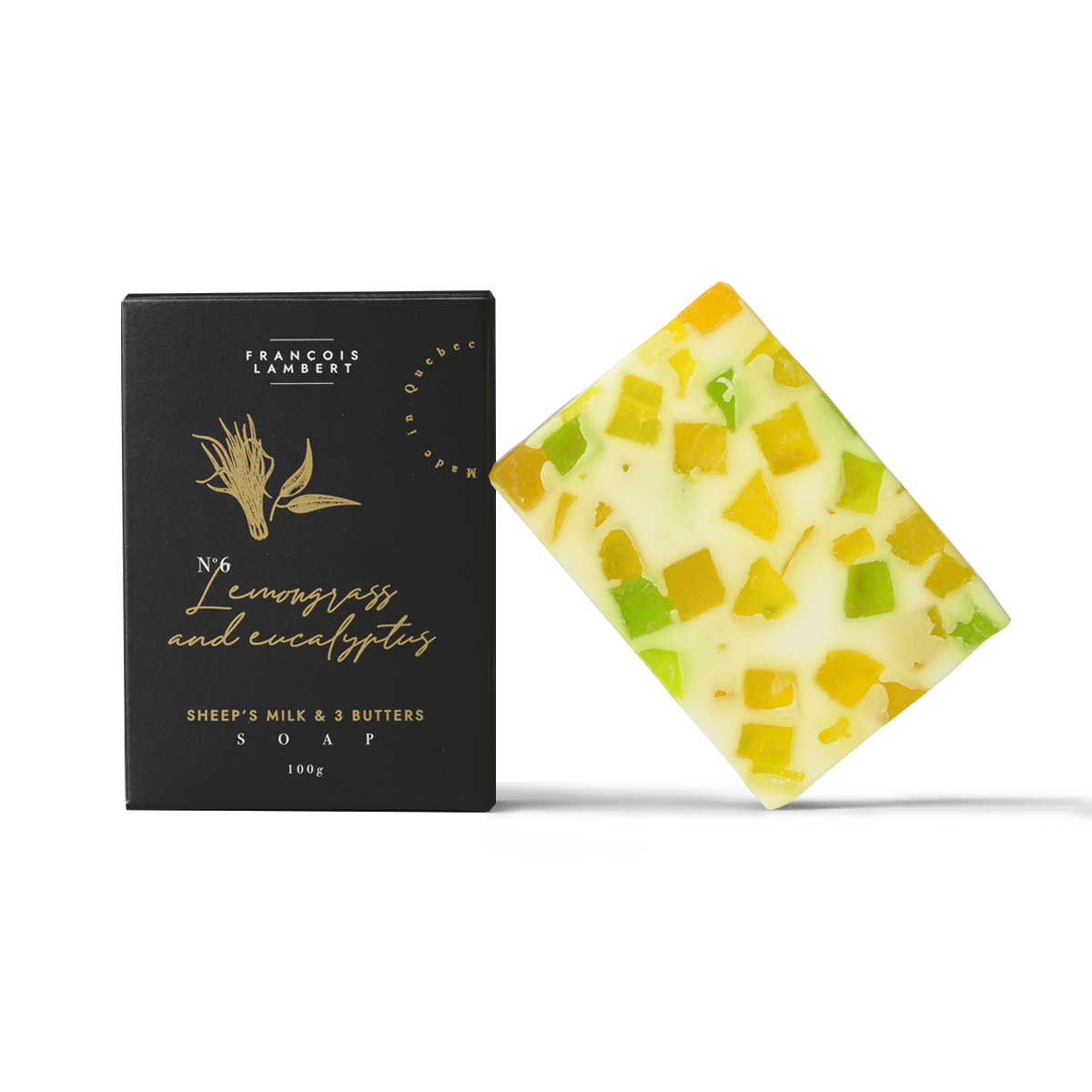 yellow and green sheep's milk soap with lemongrass and eucalyptus, reminiscent of summer days and mosquitoes